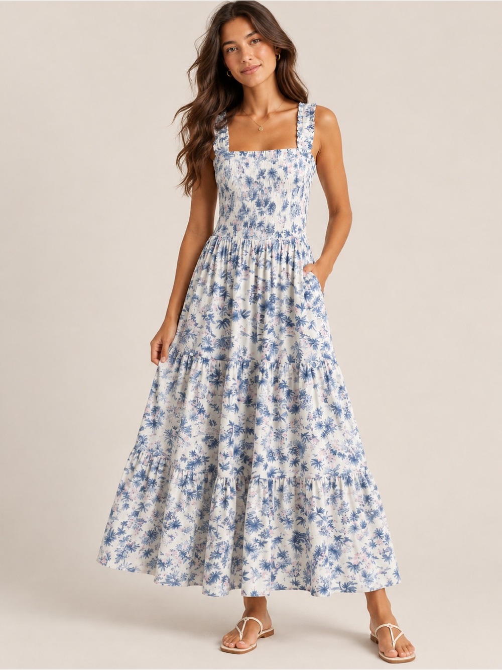 Abercrombie & Fitch Cottagecore Toile Smocked Maxi Dress Small Tall ST Pockets